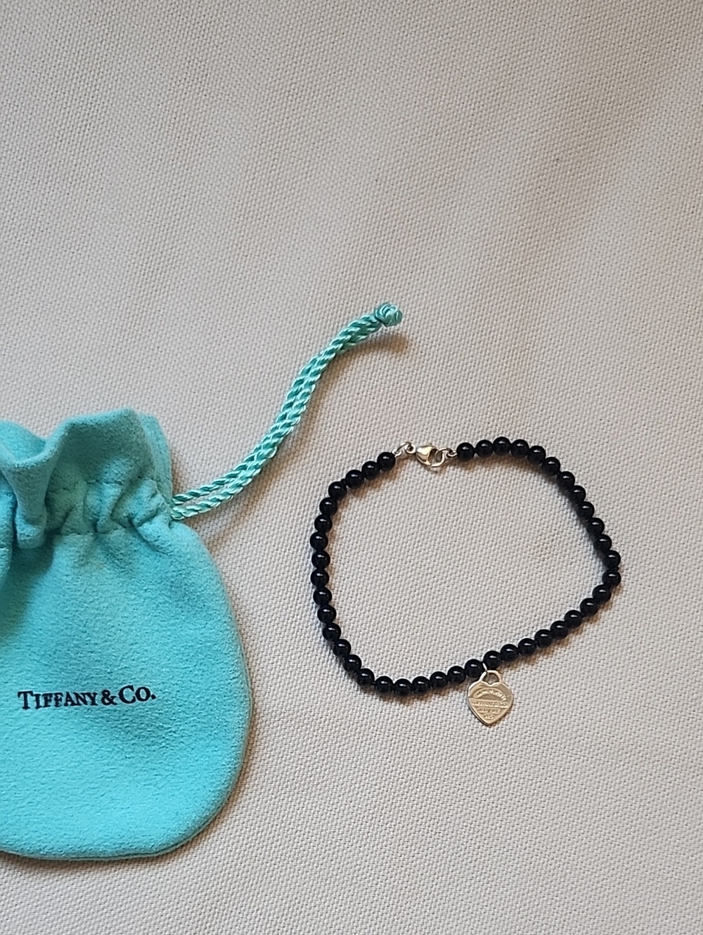 Tiffany & Co. Aqua Drawstring Pouch with Black Onyx Beaded Bracelet